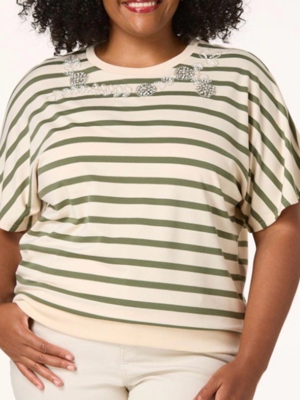 Cato Olive & Cream Striped Embellished Short-Sleeve Top